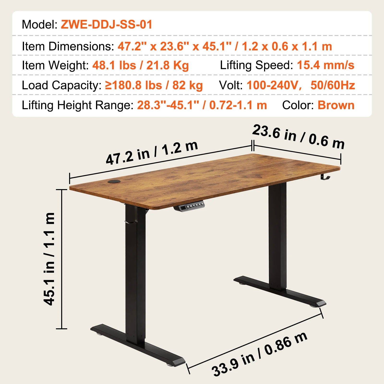 SKYSHALO 47.2" x 23.6" Adjustable Height Standing Desk Electric for Home & Office