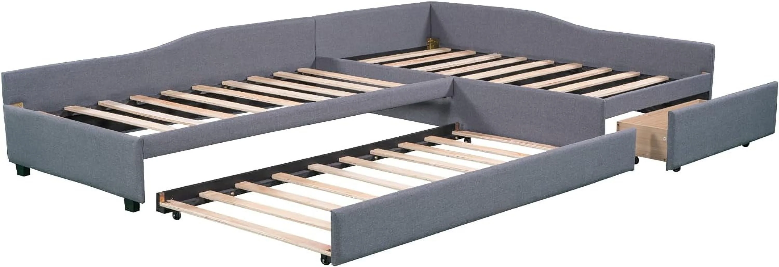 Upholstered Double Size Daybed With Trundle And Drawer, Living Room Sofa Bed, No Box Spring Need (Gray)