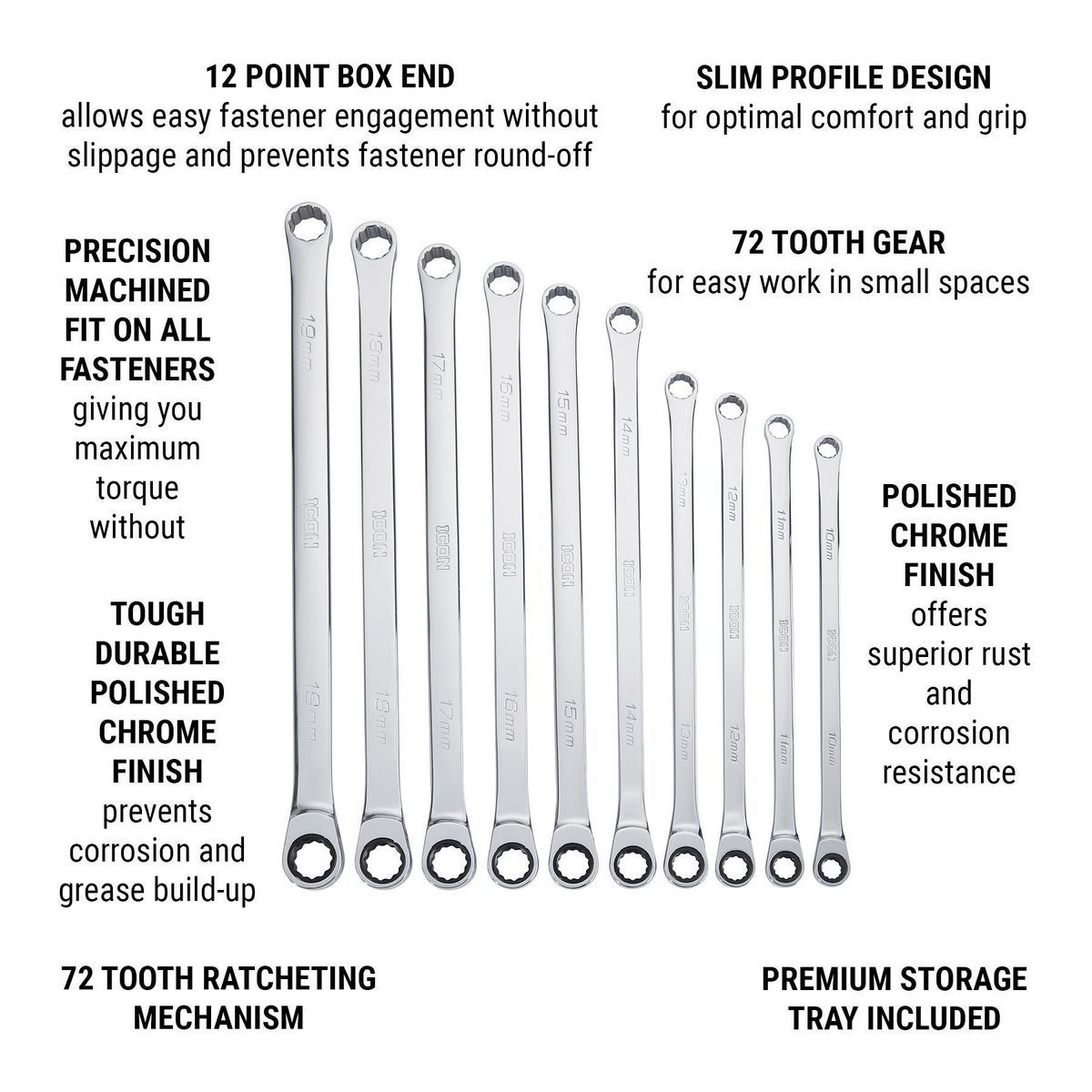 ICON Extra Long Professional Metric Double Box Ratcheting Wrench, 10 Piece