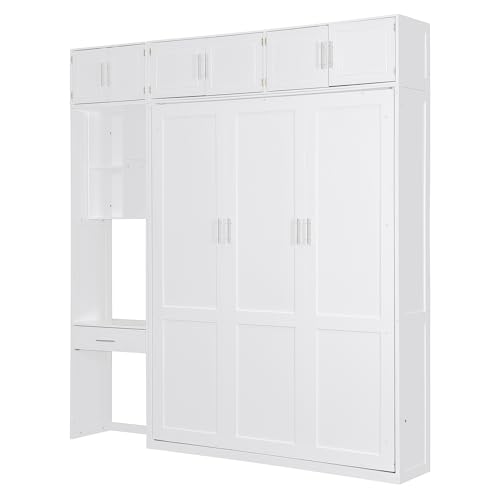 Polibi Full Size Wall Murphy Bed with Built-in Desk & Shelves - Multi-Functional Wall Bed for Small Apartments, 3 Storage Cabinets