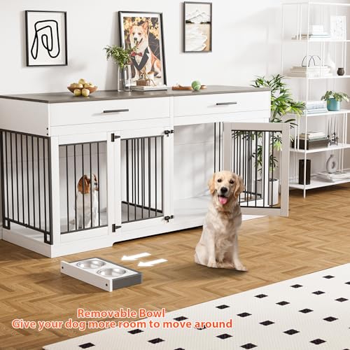 Rophefx 72" Dog Crate Furniture for 2 Dogs, Large Double Dog Kennel Indoor Furniture with 2 Storage Drawers and Removable Divider