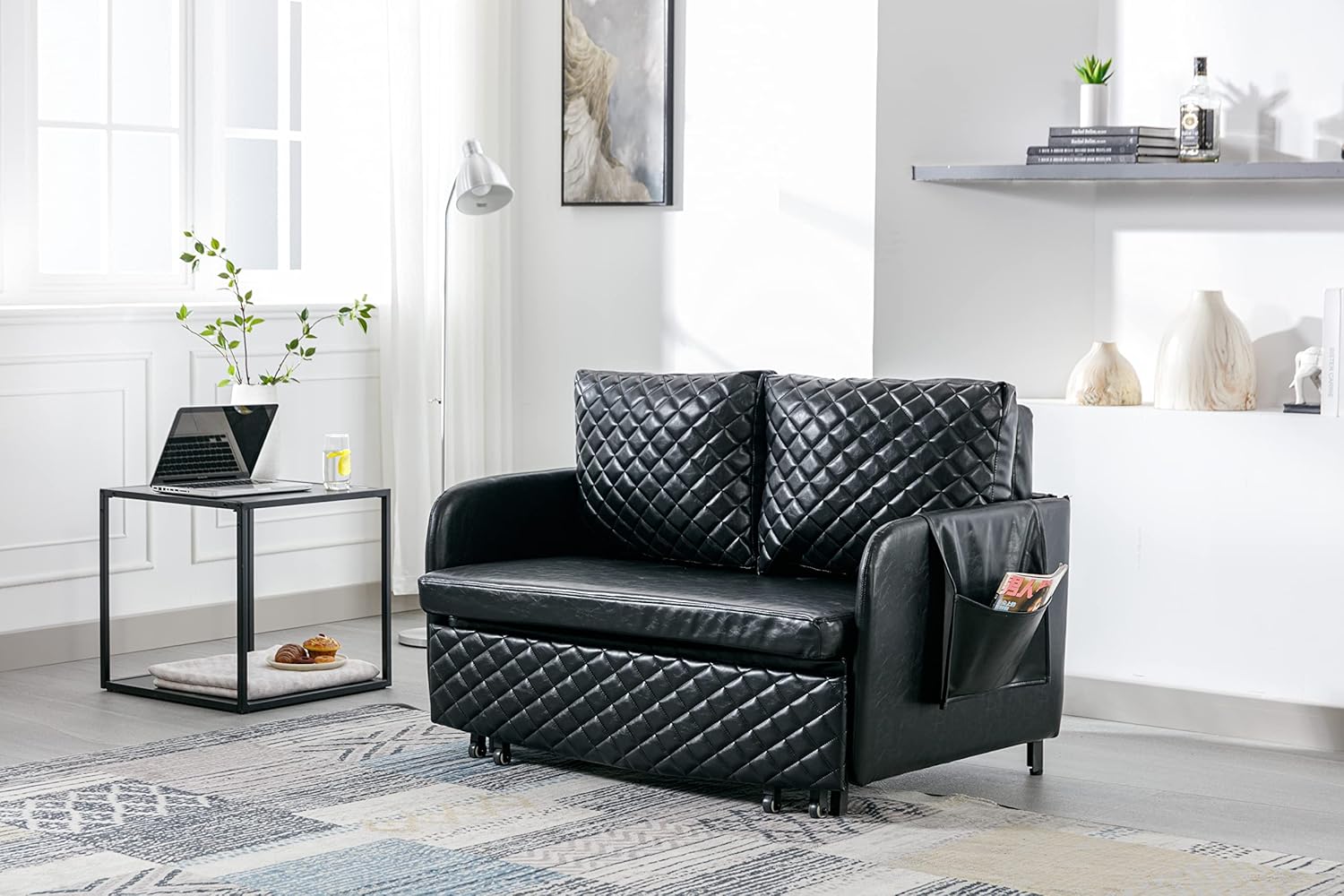 Convertible Sleeper Sofa Bed, Modern Velvet Loveseat Couch with Pull Out Bed, Small Love Seat Futon Sofa Bed with Headboard