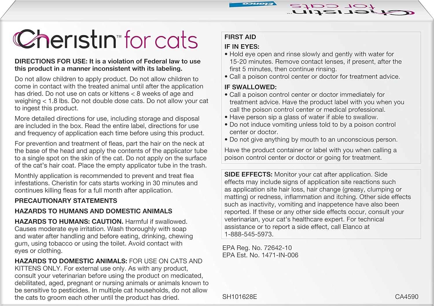 Cheristin for Cats Topical Flea Prevention &ndash; Starts Killing Fleas in 30 Minutes, 6 doses