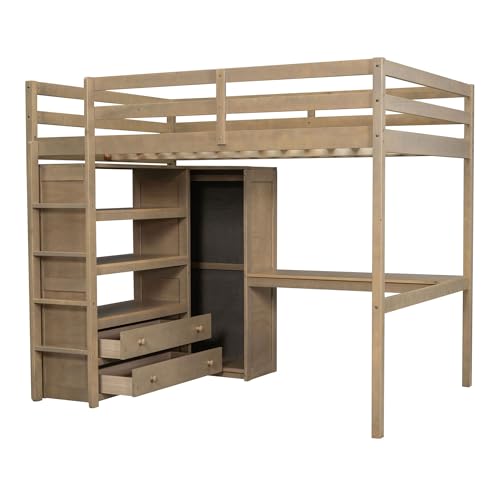 Harper & Bright Designs Full Size Loft Bed with Desk & Wardrobe, Wood Full Loft Bunk Bed with Storage Shelves and Drawers, No Box Spring Needed,White