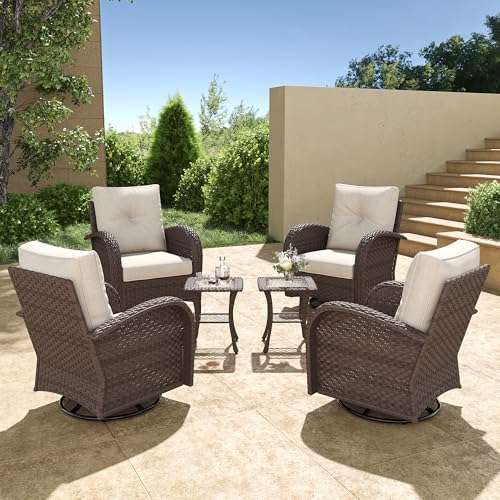 5 Pieces Wicker Patio Furniture Set, Luxury Outdoor Conversation Set with High Back Swivel Rocker Chairs