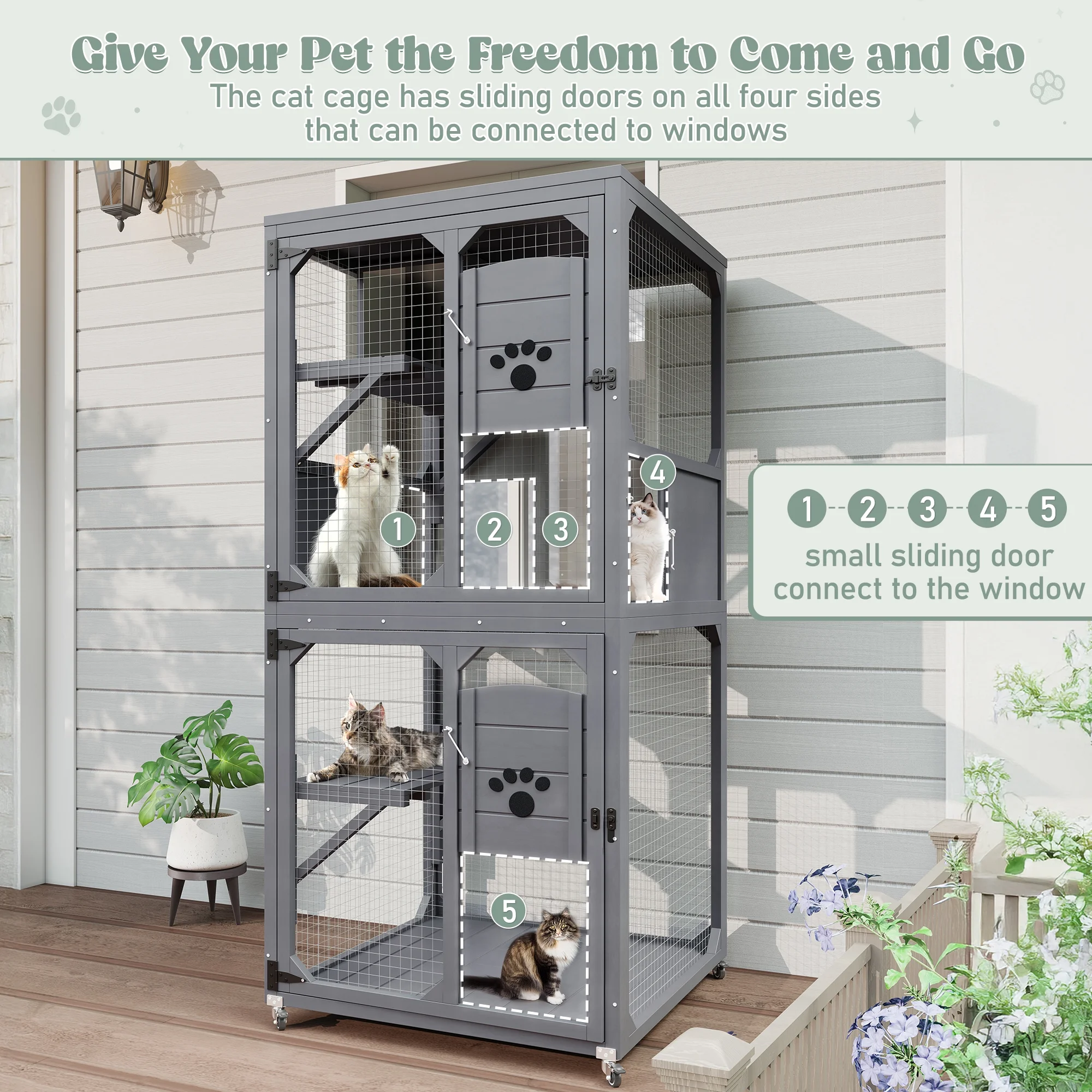 Montary Catio Outdoor Cat Enclosure with Window Access, 4-Tier Cat House with Wheels, Waterproof Roof &amp; Resting Box, Large Gray Cage