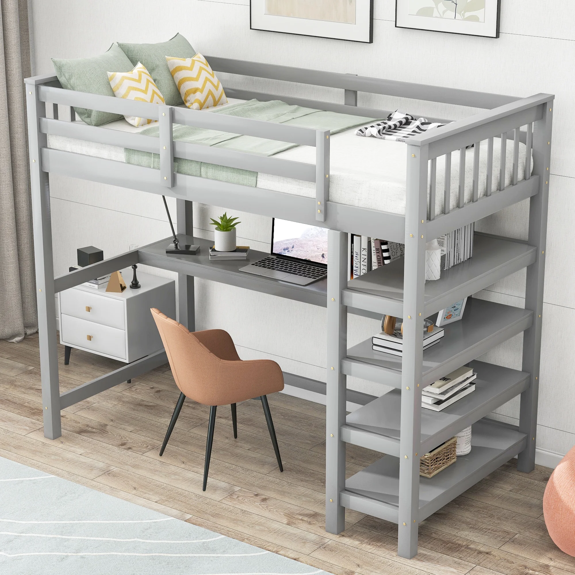 Euroco Twin Size Loft Bed with Built-in Desk and Shelves for Kids Teens Adults, Gray