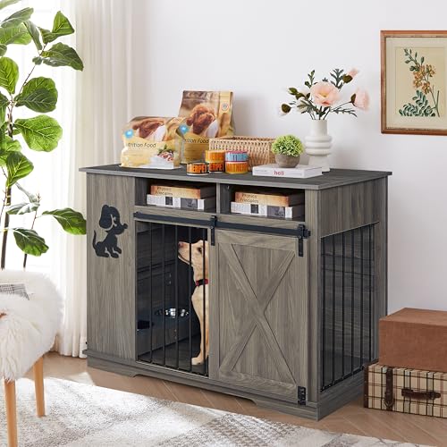Aoowow Large Double Dog Crate Furniture 72.4" Indoor Dog Kennel with Sliding Barn Door and Divider