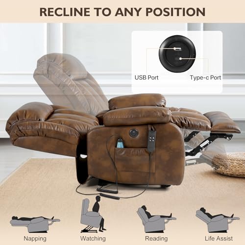 EDILLY Large Genuine Leather Power Lift Recliner Chairs for Elderly, Dual Motor with Massage and Heating,Double Lumbar Cushion and Extended Footrest