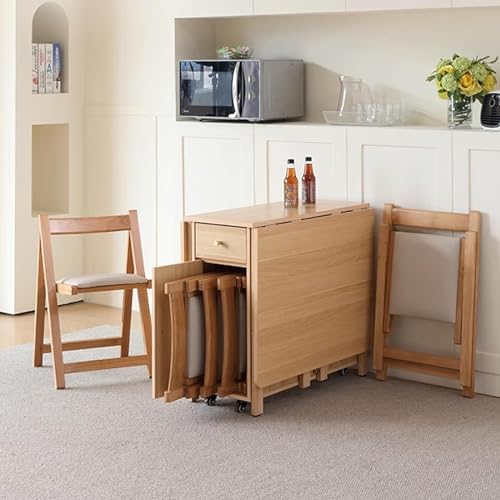 Solid Wood Dining Table Set, Folding Table and Chairs with Storage Drawers and Cabinets, Space Saving