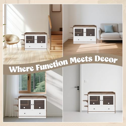 47.25 Inch Multi-Functional Hidden Cat Litter Box Enclosure with Smart Door & LED Light, Modern Cat House with Scratching Post & Stairs
