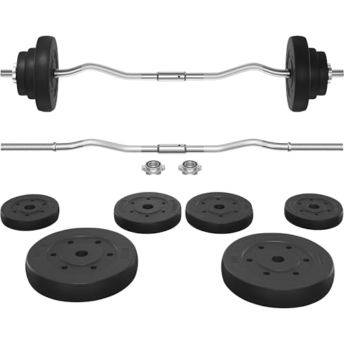 Yaheetech Barbell Set - Olympic Curl Bar & Weights (66LB, 55LB, 44LB) with Chrome Finish & Black Color