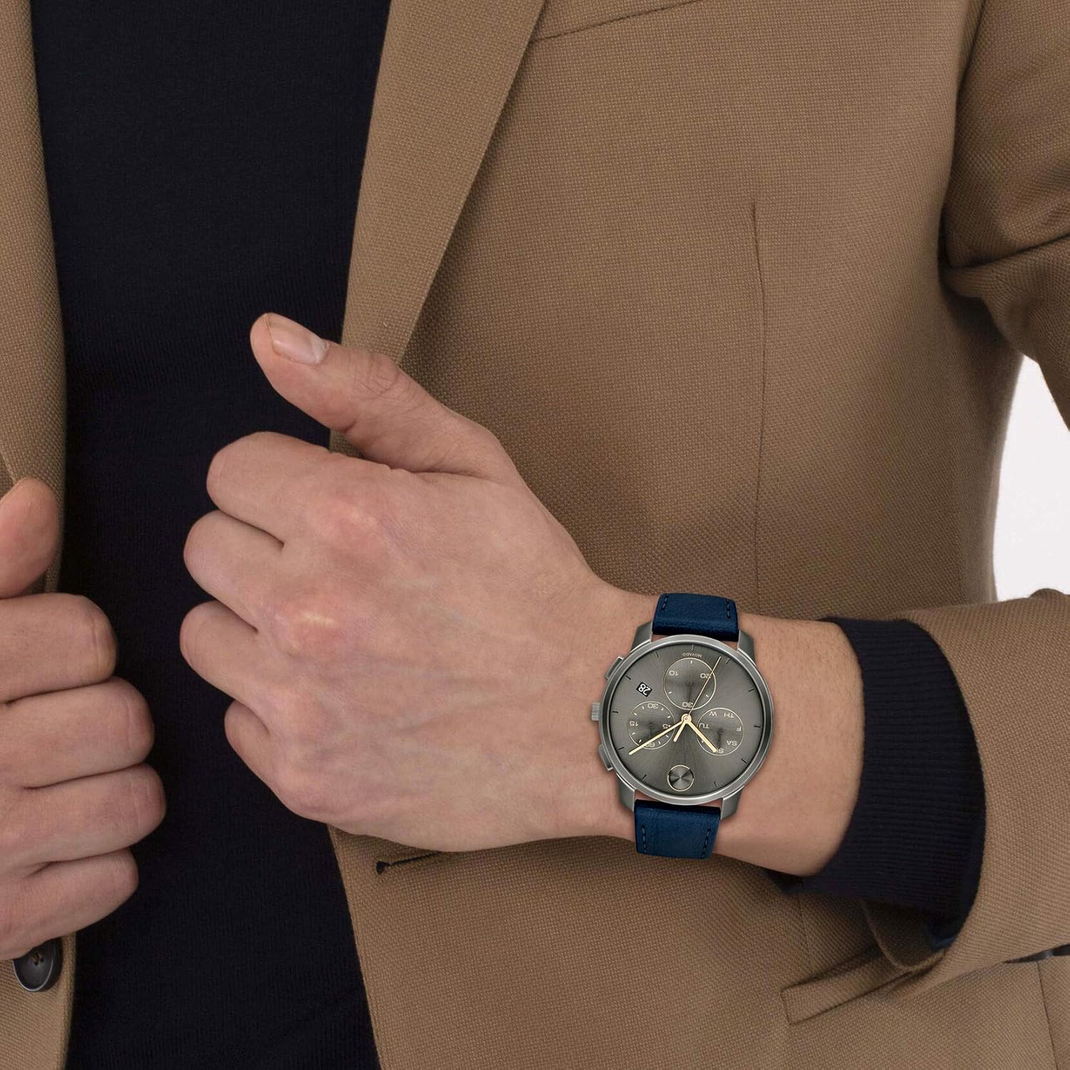 Movado Bold Thin Men's Swiss Qtz Chrono Stainless Steel and Leather Strap Casual Watch, Color: Navy (Model: 3600720)