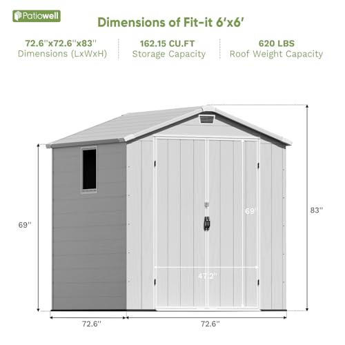 Patiowell 6 x 8 FT Plastic Outdoor Storage Shed with Floor, Resin Outside Tool Shed with Two Windows and Lockable Easy to Install, Door for Garden