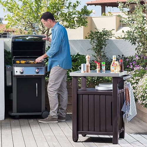 Keter Outdoor Rolling Table Cart for Food Prep, Storage, Bar & Grill, Dark Brown - Portable Kitchen Island Tabletop with Wheels for Drinks, Snacks