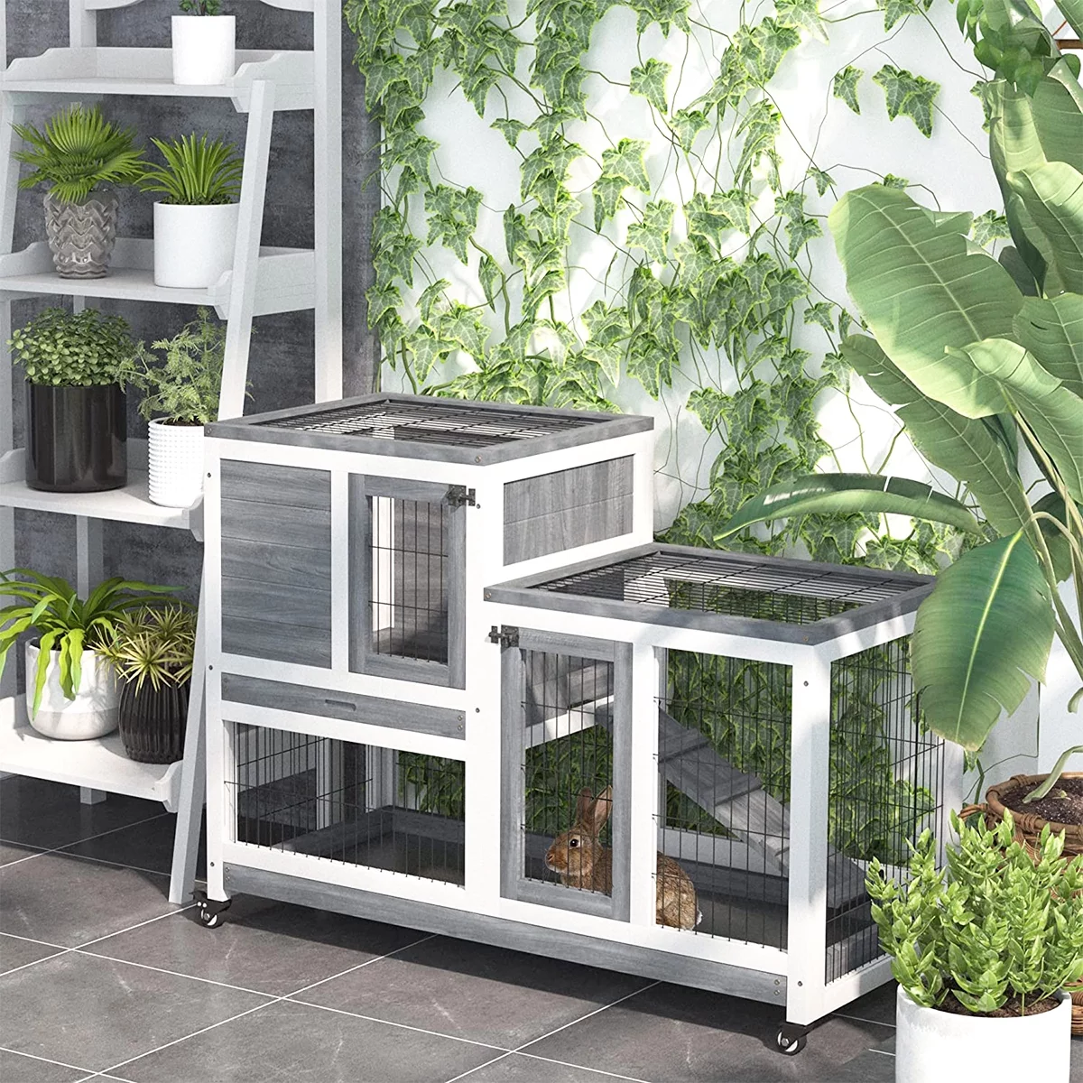 ZPL 43 Inch Rabbit Hutch, Wood Indoor Rabbit Cage Pet Cage with Wheel, Outdoor Large Rolling Bunny Hutch