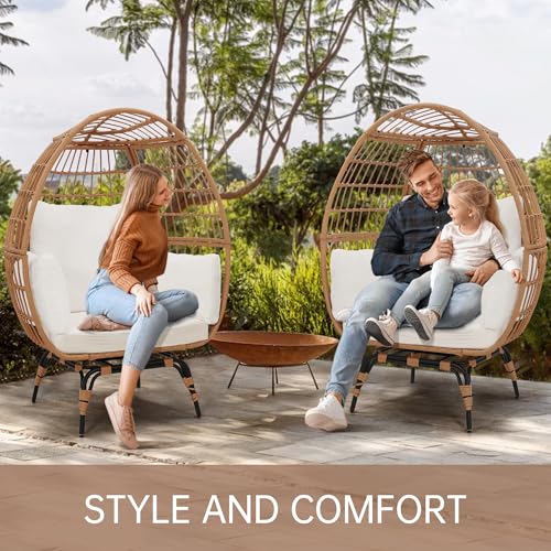 Oversized 360 Swivel Rattan Egg Chair for Adult, Indoor Outdoor Patio Large Wicker Egg Chair with Overstuffed Cushions, 440lb Weight Capacity
