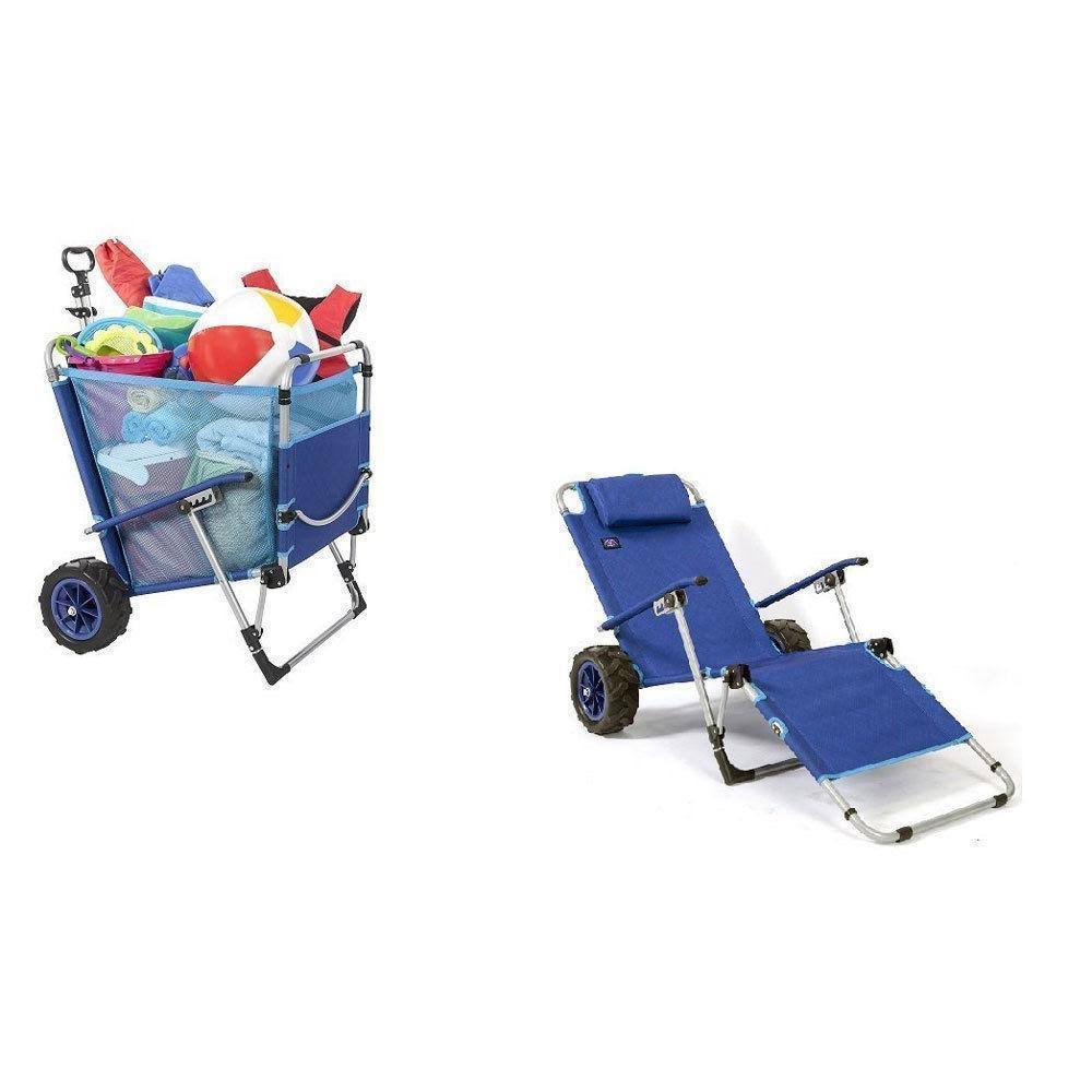 Mac Sports Beach Day Foldable Chaise Lounge Chair u0026 Integrated Pull Cart Combo, Blue