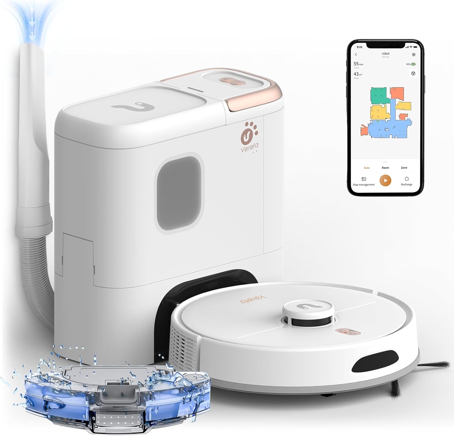 Verefa Self Emptying Robot Vacuum and Mop Combo, 5000Pa Suction, 70-Day Capacity, 260min Runtime, Lidar Navigation, Wi-Fi/App/Alexa Control