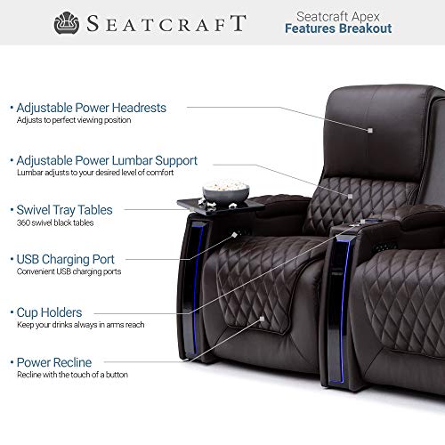 Seatcraft Apex Home Theater Seating - Living Room - Top Grain Leather - Power Recliner - Power Headrests - Power Lumbar - LED Armrests