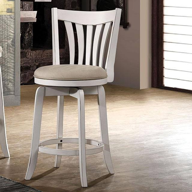 Wood and Fabric Bar Height Stool with Swivel Mechanism, Small, White