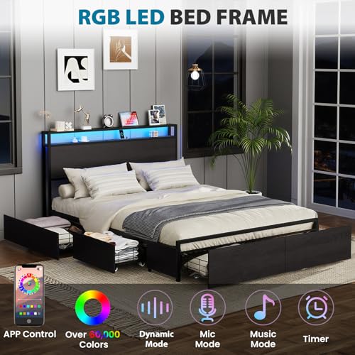 Full Size Bed Frame with Headboard, LED Platform Bed with 4 Storage Drawers, Built in Charging Station, Noise-Free, Metal Support Base