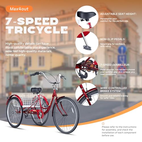 7-Speed Adult Tricycle with Large Basket 24/26 Inch, Stable 3-Wheel Cruise Bicycle for Shopping, Beach and City Trike Perfect for Men, Women