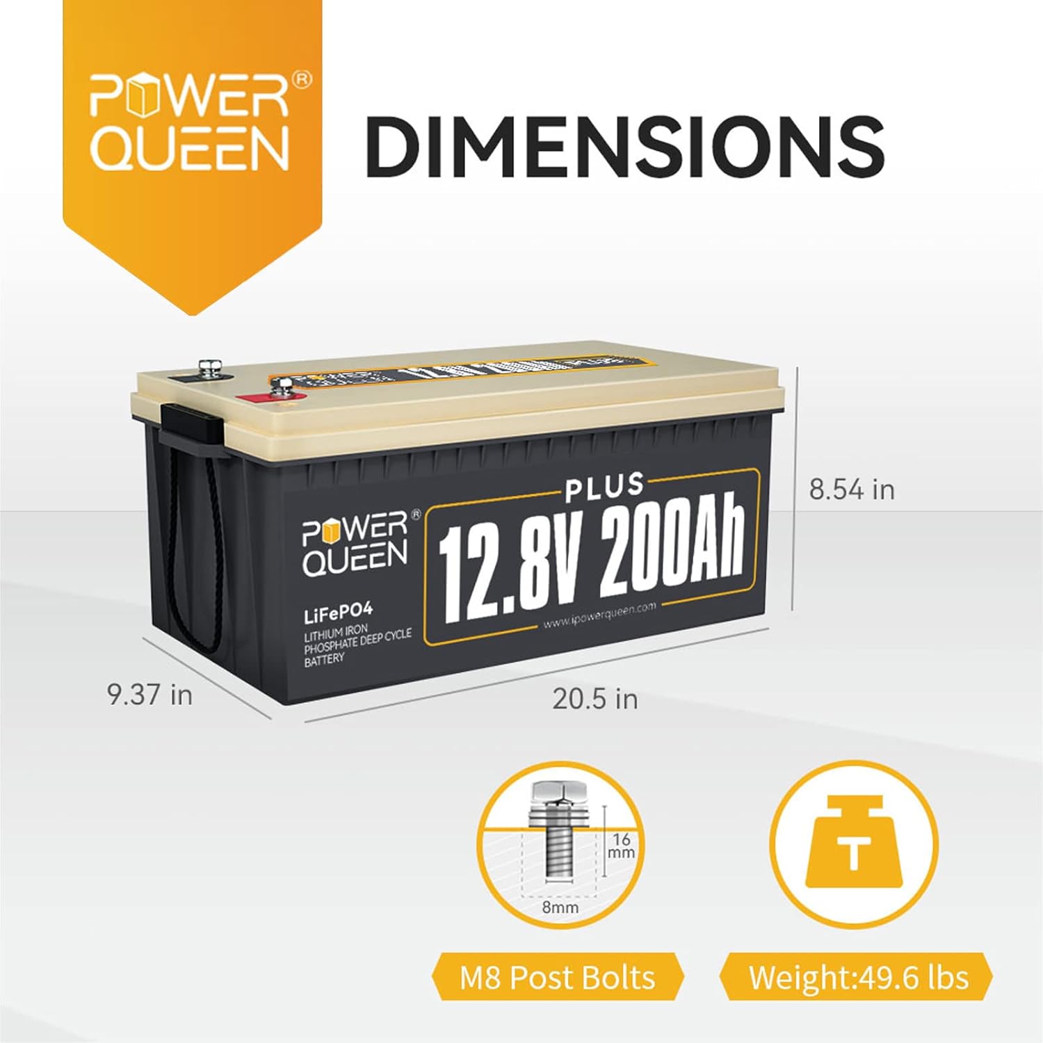 Power Queen 12V 200Ah Plus LiFePO4 Deep Cycle Lithium Battery, over 4000 Cycles, Built-in 200A BMS, 2560W Load Power