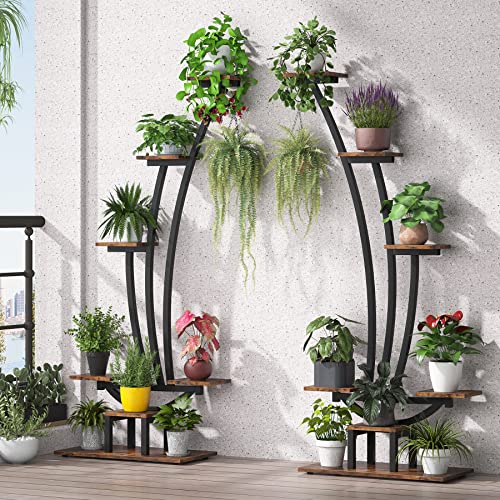 Tribesigns 6-Tier Tall Indoor Plant Stand Pack of 2, Metal Curved Display Shelf with 2 Hanging Hooks