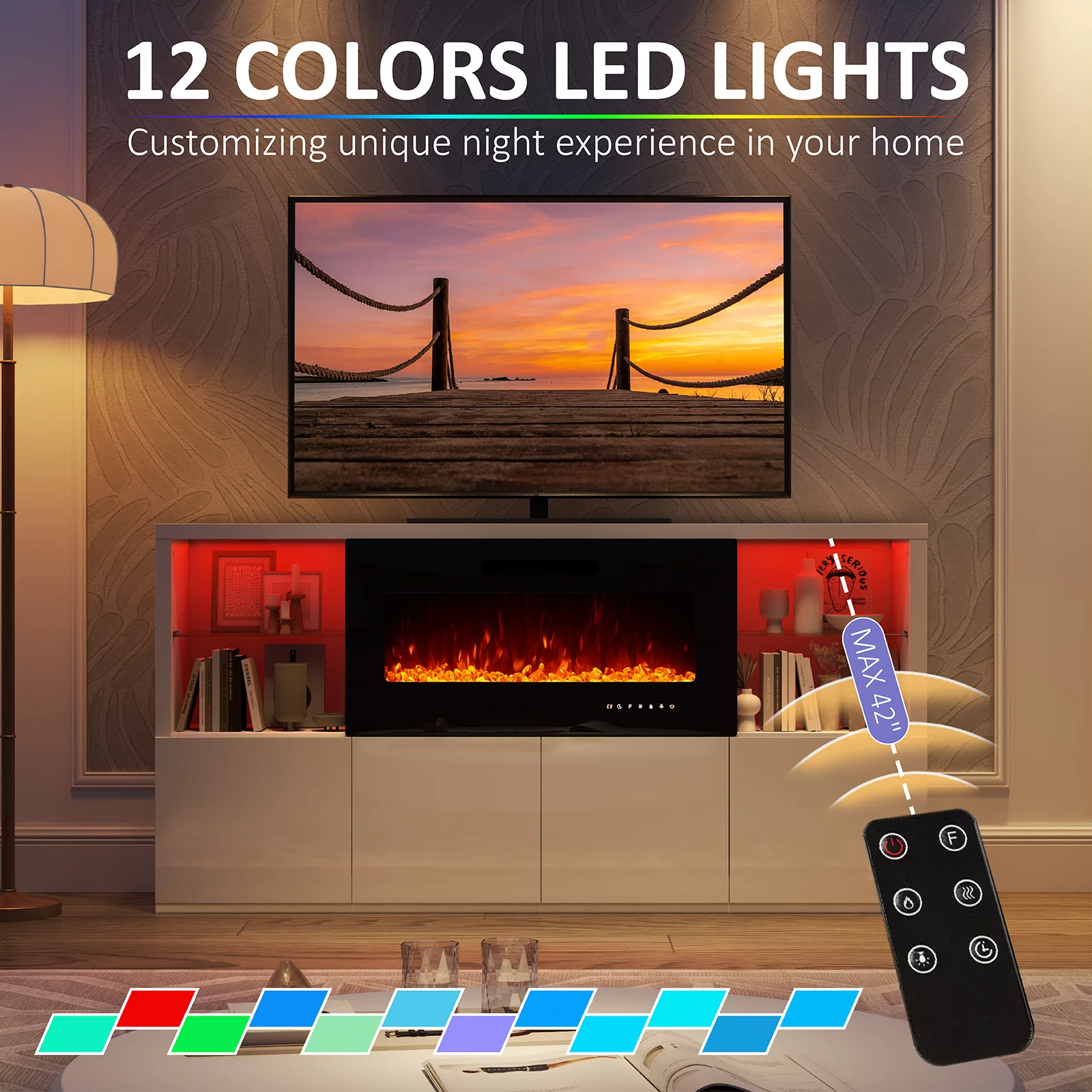 LUXOAK Electric Fireplace TV Stand for TVs up to 75", Modern High Gloss Entertainment Center with 40" Fireplace, White