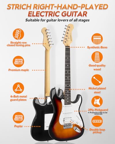 STRICH Electric Guitar Beginner Kit, Solid Body 39" Full Size Electric Guitar HSS Pick Up for Starter, with 10W Amp, Bag, Digital Tuner, Capo, Strap