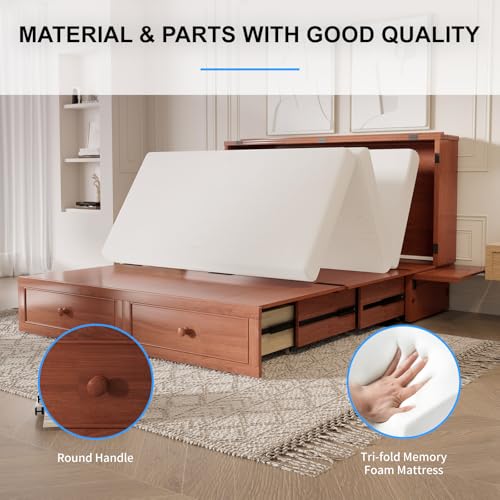 PUREMIND Queen Murphy Bed with Storage Drawers, Camas Con Colchon Incluido, Hideaway Chest Beds with Built-in Charging Station