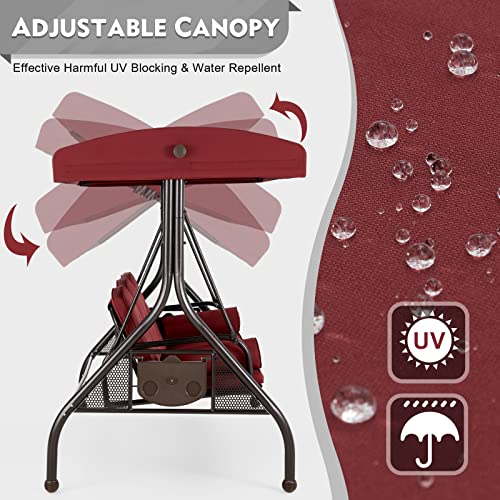 HOMREST 3 Seat Outdoor Porch Swing with Adjustable Canopy, Convertible Patio Swing Bed with Stand, Patio Glider Swing with Upgraded Cup Holder