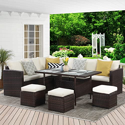 Wisteria Lane Outdoor Patio Furniture Set, 7 Piece Outdoor Dining Sectional Sofa with Dining Table and Chair