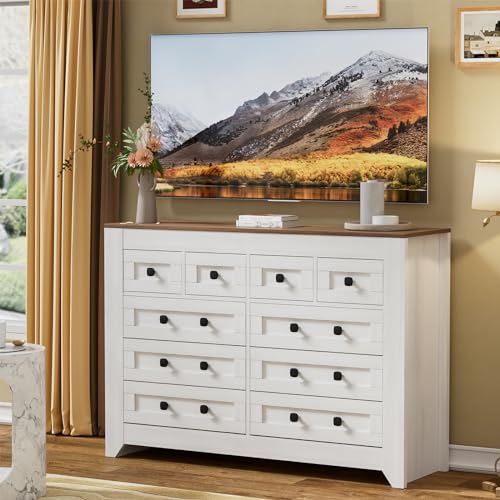 PAKASEPT Farmhouse White Dresser for Bedroom, 54" Wide Chest of Drawers for Bedroom with 3 Wooden Drawers and Sliding Barn Doors