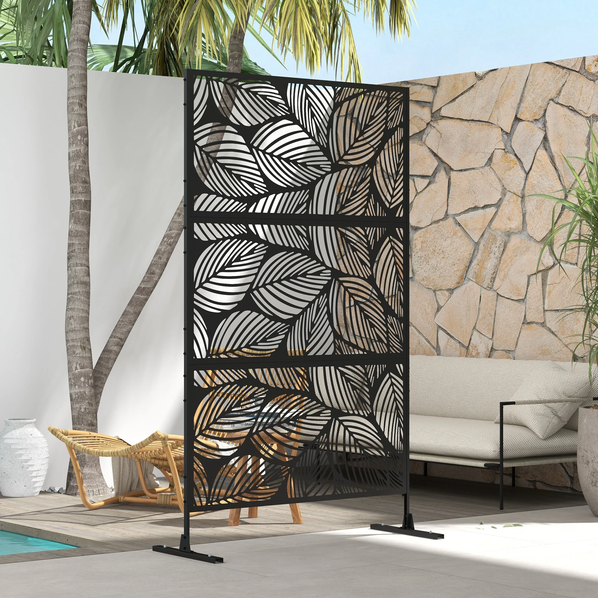 Outsunny Metal Privacy Screen 6.5' Outdoor Divider Leaf Motif, Black