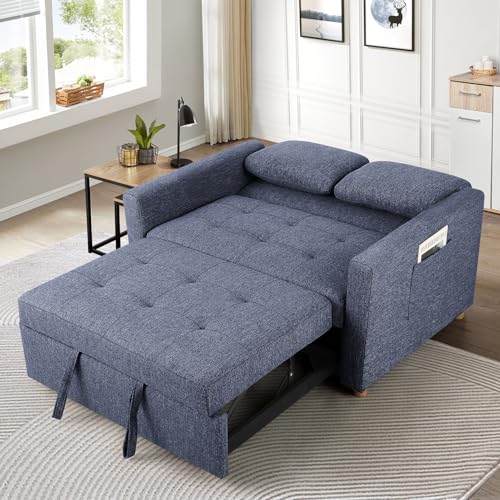 SEJOV 3-in-1 Convertible Sofa Bed, Linen Fabric Sleeper Couch Pull Out Bed, 49" 2-Seater Loveseat Futon Sofa with Spring Support