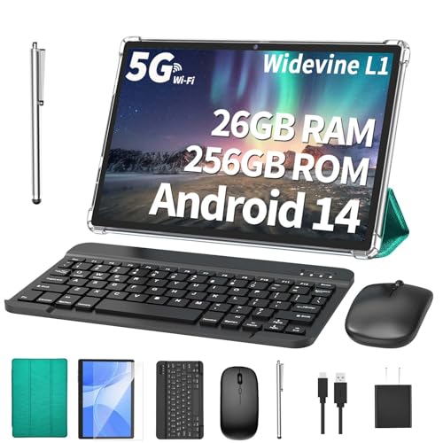 Android Tablet with Keyboard, 26GB RAM, 256GB ROM(1TB Expand), 10.1 inch Android 14 Tablet, 8000mAh Battery, BT 5.0, GMS Certified, 2.4G&5G WiFi