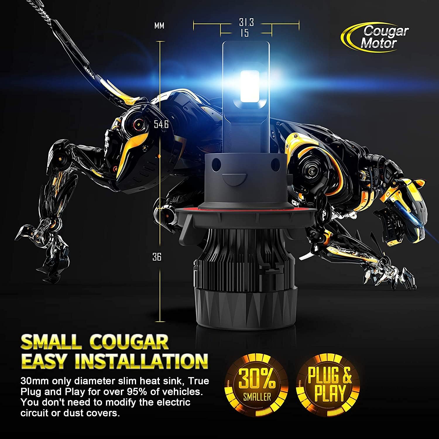 Cougar Motor X-Small H13 LED Bulb, 12000LM 6500K (9008) All-in-One Conversion Kit - Cool White , 360°Adjustable Beam
