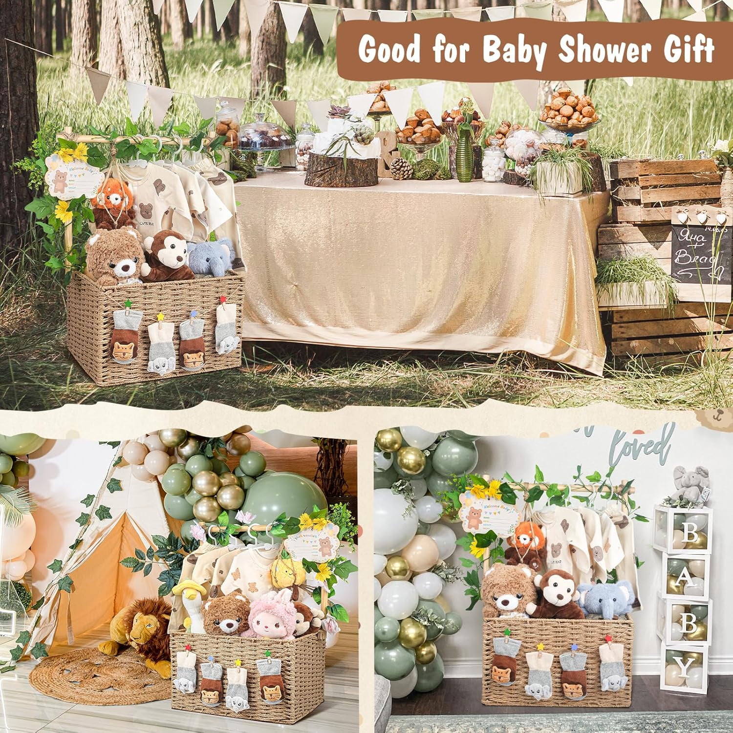 Wooden Woven Baby Shower Crate – Foldable Storage Basket with Handles, Handwoven Gift Box for Baby Shower &amp; Newborn Essentials