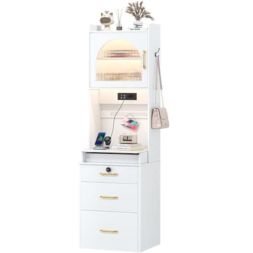 NUNU LAB 42 Inchs Large Vanity Desk with Mirror and Lights with 6 Drawers and 4 Cabinets, Big Women Makeup Table with Power Outlet