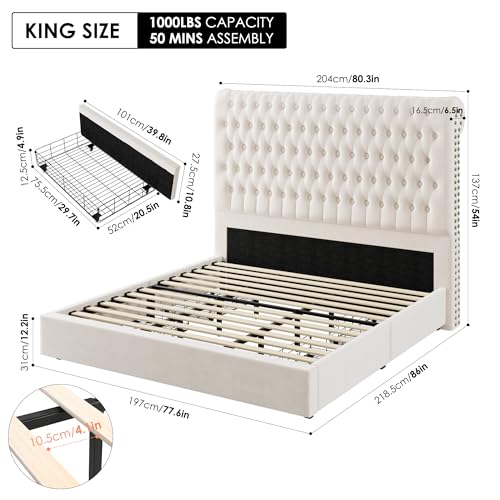 King Size Bed Frame 54" Tall Headboard with Gorgeous Button Tufted and Nail, Velvet Fabric Upholstered Bed Frame includes 4 Under-bed Storage Drawers
