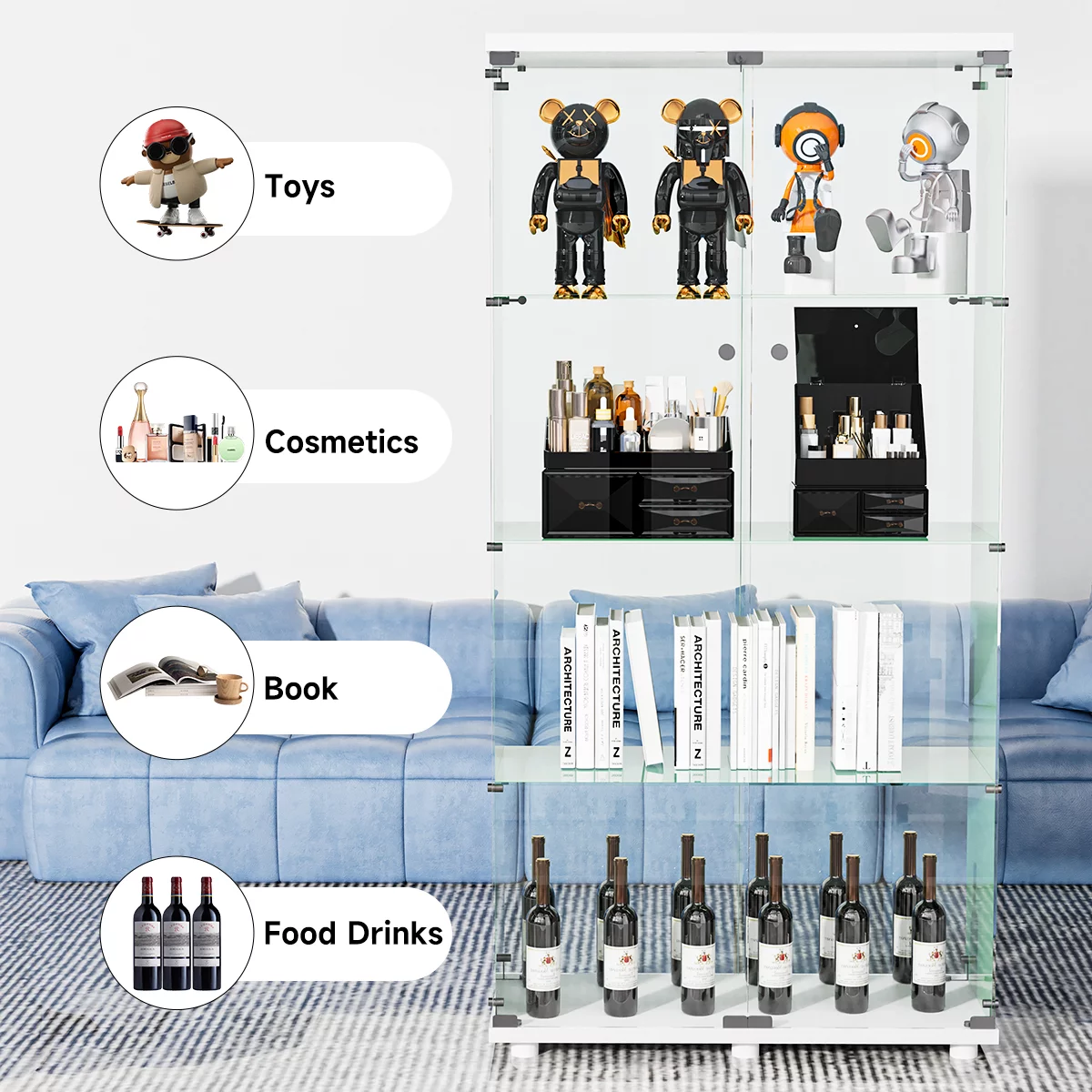 Two-door Glass Display Cabinet, Fast Installation in 50 Mins, Glass Curio Cabinets Bookshelf Display Case for Living Room Bedroom Kitchen