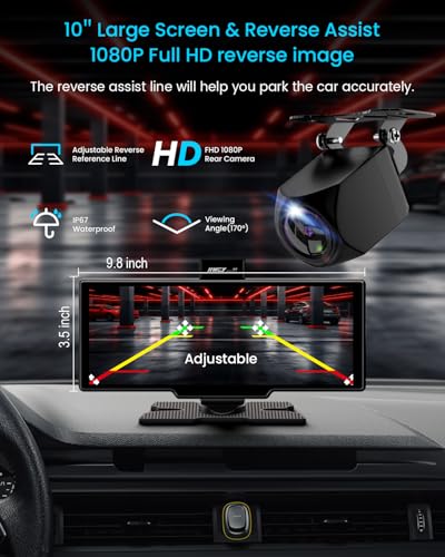 Portable Apple Carplay Screen, 10&rsquo;&rsquo; Car Stereo Wireless Car Play & Android Auto Touch Screen, 4K Dash Cam, 1080P Backup Camera