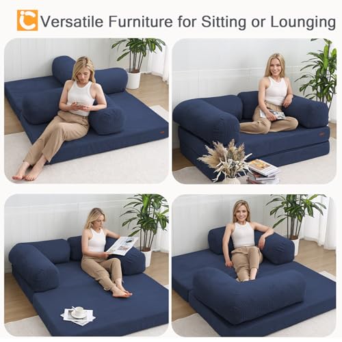 COMAX Folding Sofa Bed, Convertible Chair Bed Corduroy 3-in-1 Foldable Floor Couch with High-Density Foam, Futon Sofa Sleeper Mattress