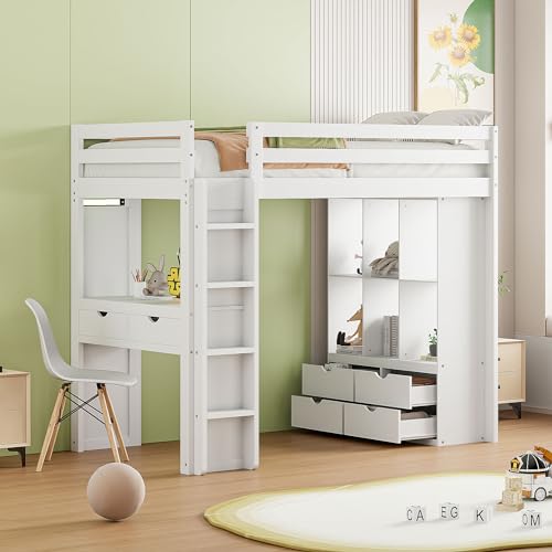 Full Size Loft Bed with Desk & Wardrobe, Solid Wood Kids Loft Bedframe w/3 Storage Drawers & 2 Shelves, Maximum Space Design, for Bedroom, Dorm, Gray