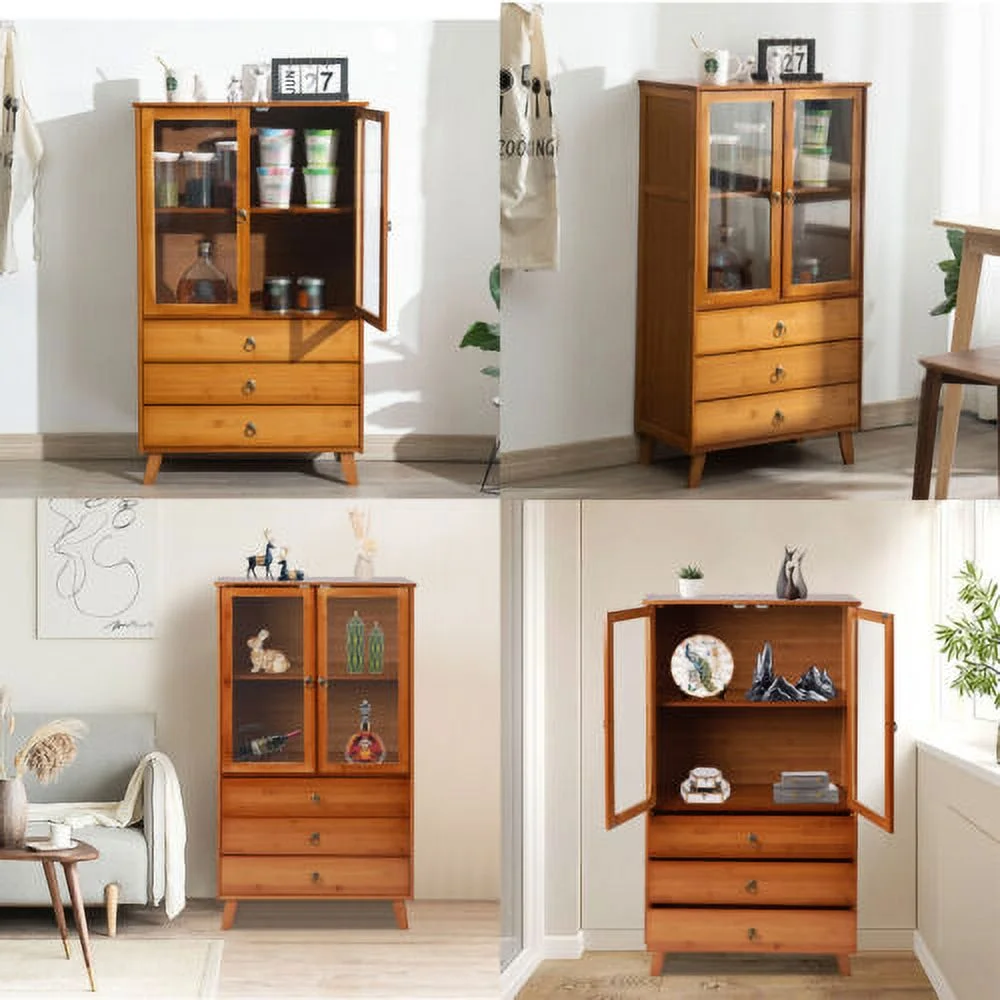 Wooden Storage Pantry Cupboard with 3 Drawers, Cabinets & 2 Acrylic Doors Brown