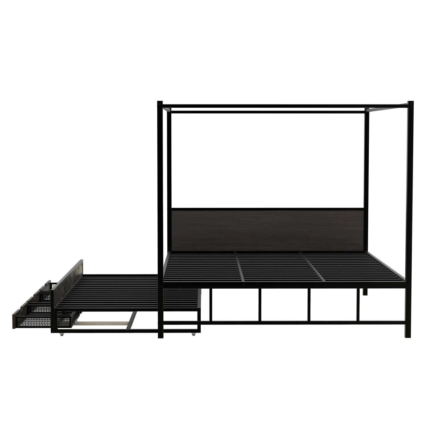 Churanty Queen Size Canopy Platform Bed with Trundle, Metal Four-Poster Canopy Bed Frame with for 3 Storage Drawers for Bedroom,Black
