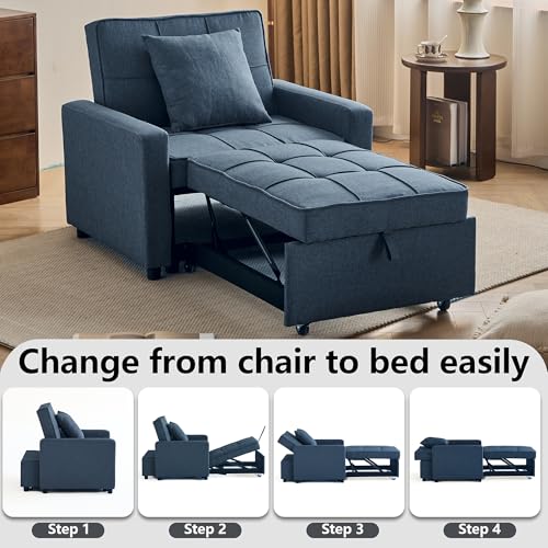 Sofa Bed Chair Convertible ，Sleeper Sofa with Pull-Out Bed ，3-in-1 Futon Couch with Reclining Backrest and Side Pocket (Blue, 35.6‘)