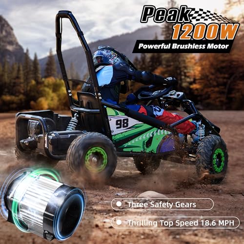 Kids Electric Drift Go Kart, Crazy High Speed Racing ATV, Peak 1200W Powerful Brushless Motor, 48V 12Ah Battery, 4-axis Suspension, 3 Speed Modes